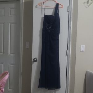 Xscape Navy Blue One-Shoulder Dress With Beaded Design